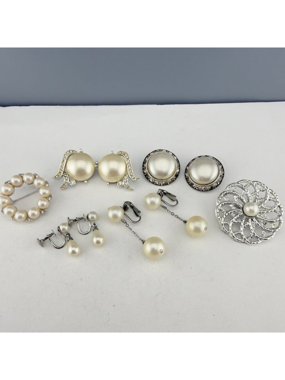 Vintage Jewelry Lot Faux Pearl Silver Tone Brooch Earrings Signed Unsigned
